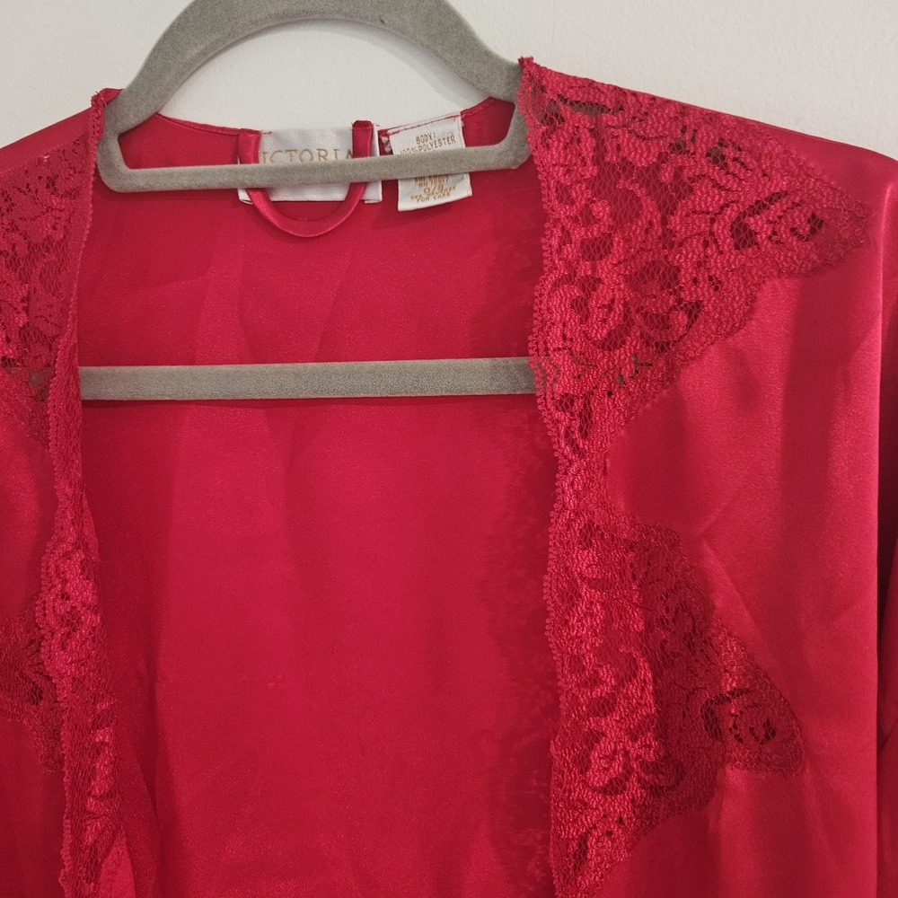 Vintage Victoria's Secret Satin Robe One Size Gold Label Red Lace Open Kimono